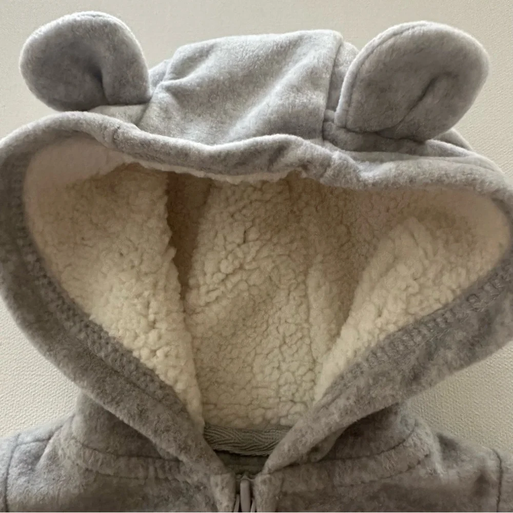 Carter’s Newborn Baby Polar Bear Fleece Romper Jumpsuit Gray Sherpa Lined Hood